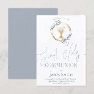 Invitation première communion catholique bleu poussiéreux et 