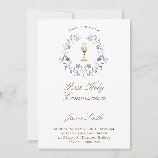 Invitation première communion catholique chalice élégant bleu (Devant)