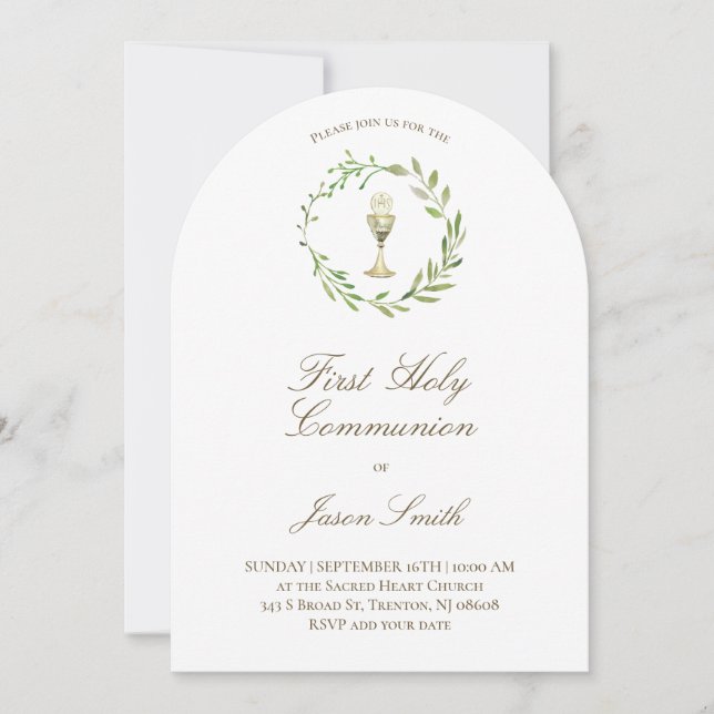 Invitation première communion catholique chalice verte couron (Devant)