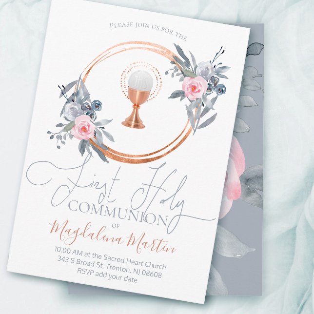 Invitation première communion catholique décoration florale (Créateur téléchargé)