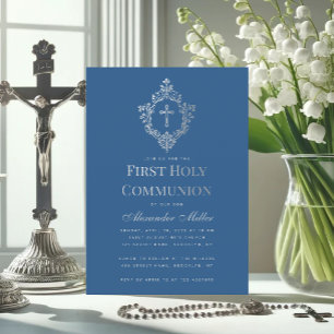 Invitation Première communion Classique Bleu Faux Argent Cres