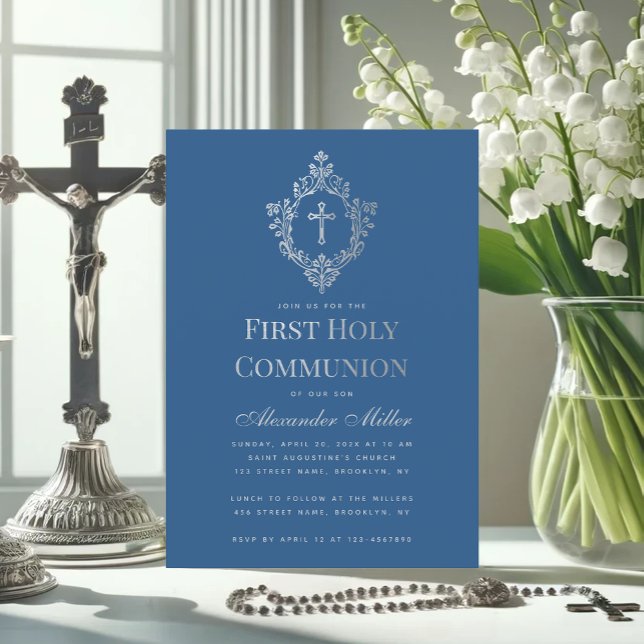 Invitation Première communion Classique Bleu Faux Argent Cres (Créateur téléchargé)