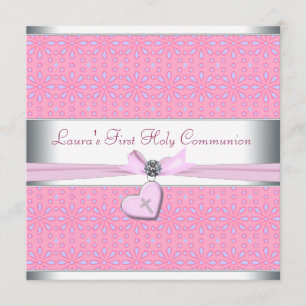 Invitation Première communion coeur lavande et rose croix ros