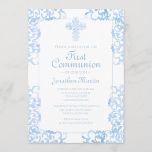 Invitation Première communion Croix Bleu Damas Christian Boy