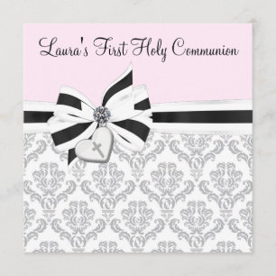 Invitation Première communion croix coeur en damas rose noir