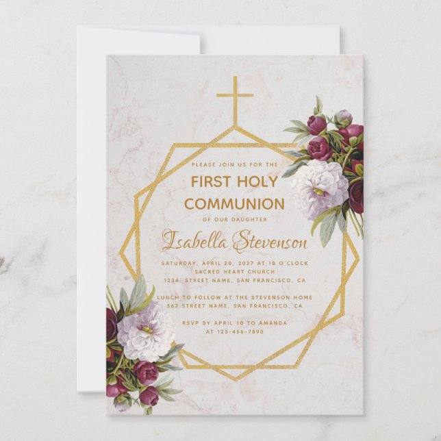 Invitation Première communion Croix d'or Burgundy Peonies Mar (Devant)