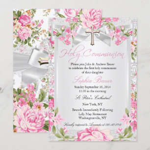 Invitation Première communion croix florale vintage rose