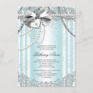 Invitation Première communion Croix Perle Bleu Turquoise