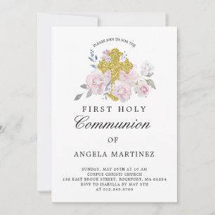 Invitation Première communion Croix rose florale or