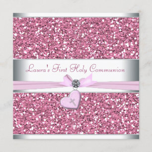 Invitation Première communion croix rose pailletée rose