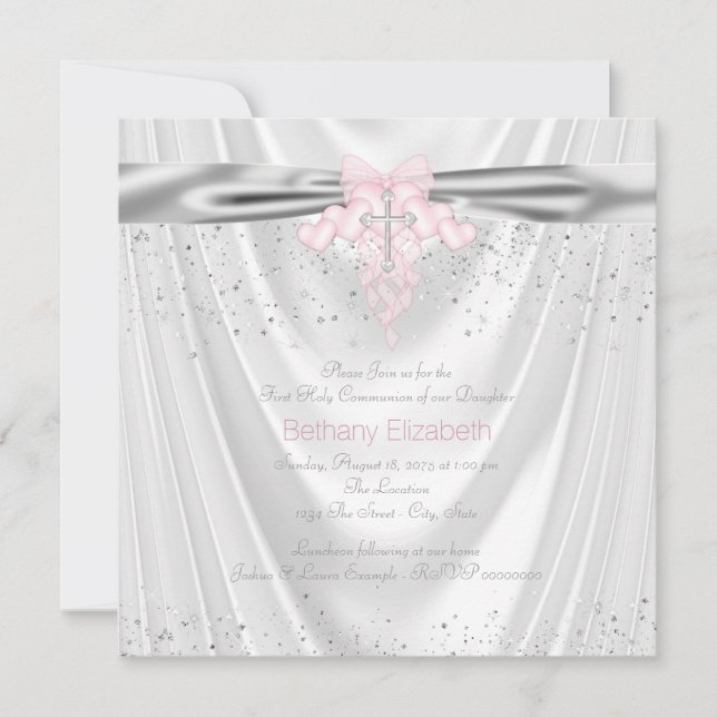 Invitation Première communion croix rose satin blanc pailleté (Devant)
