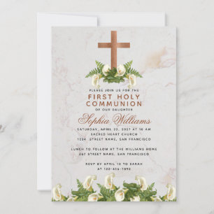 Invitation Première communion Cuivre Croix Calla Lilies Marbr