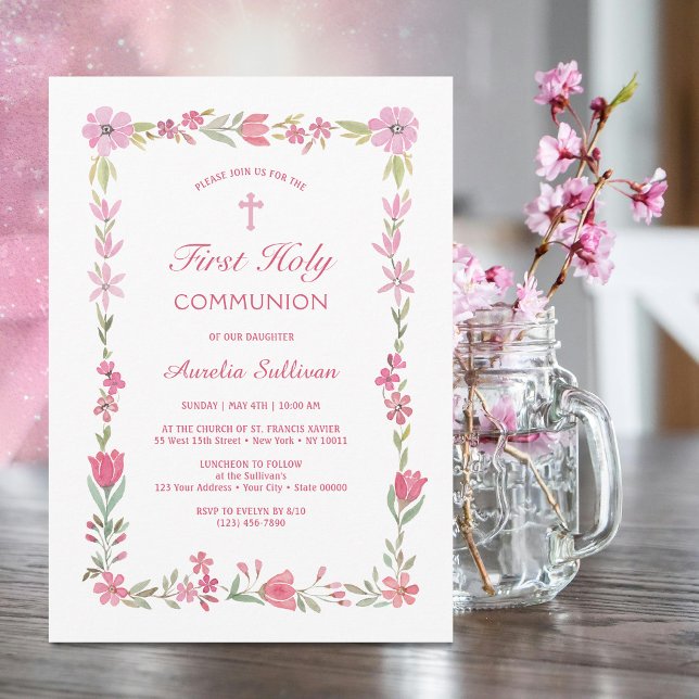 Invitation Première communion de cadre floral rose (Créateur téléchargé)