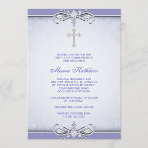 Invitation Première communion de croix pourpre de damassé
