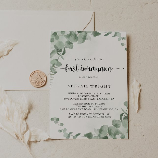Invitation Première communion de feuillage vert classique Euc (Créateur téléchargé)