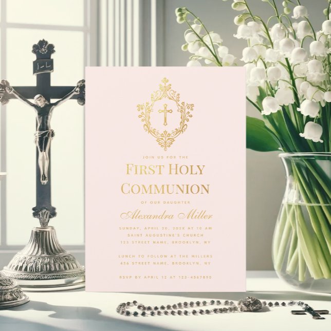 Invitation Première communion de fille rose Faux Gold Crest B (Créateur téléchargé)