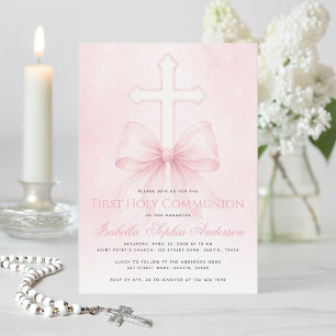 Invitation Première communion de fille Ruban rose sur Croix A