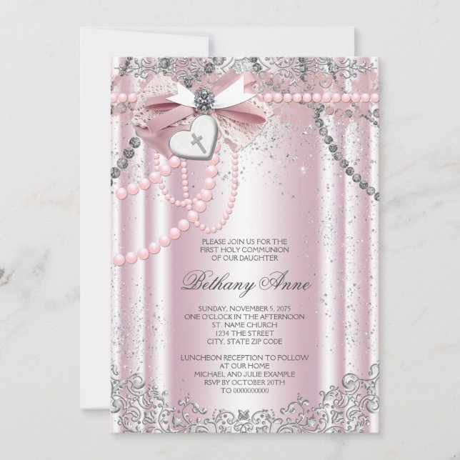 Invitation Première communion de filles rose et gris perle (Devant)