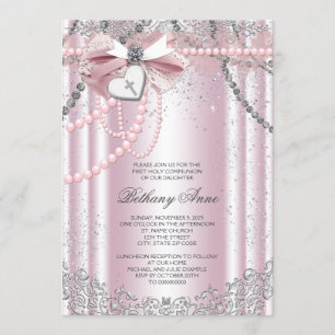 Invitation Première communion de filles roses et perles grise