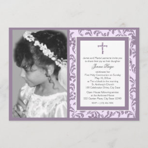 Invitation Première communion de fleurs pourpres avec photo