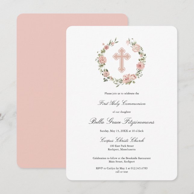 Invitation Première communion de la couronne de fleurs rose p (Devant / Derrière)