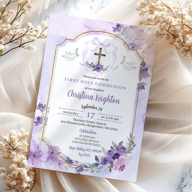 Invitation Première communion de la crête d'aquarelle d'or po (Créateur téléchargé)