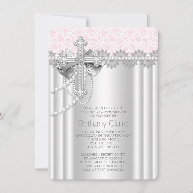 Invitation Première communion de la croix de dentelle rose (Devant)