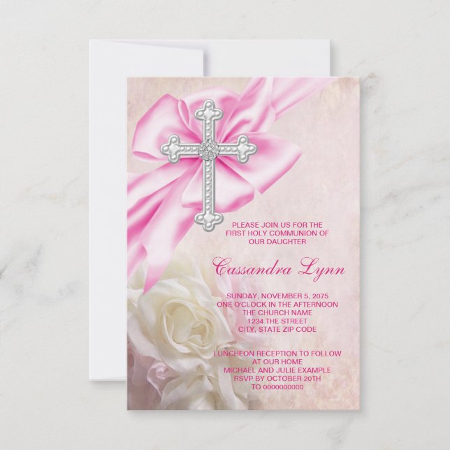 Invitation Première communion de la Croix de rose (Devant)