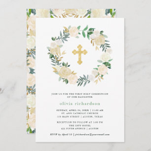 Invitation Première communion de la croix d'or florale de l'i