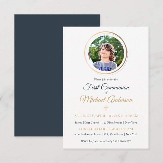 Invitation Première communion de la Marine bleue et de l'or (Devant / Derrière)