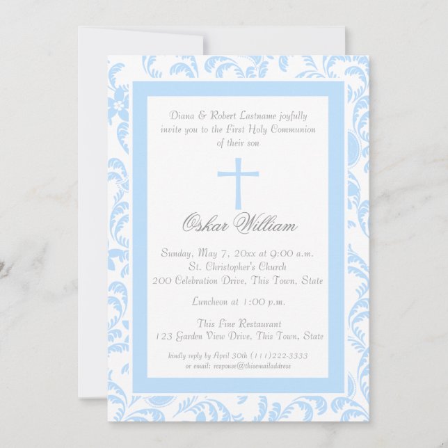 Invitation Première communion de Paisley bleu doux (Devant)