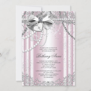Invitation Première communion de Pearl rose et gris