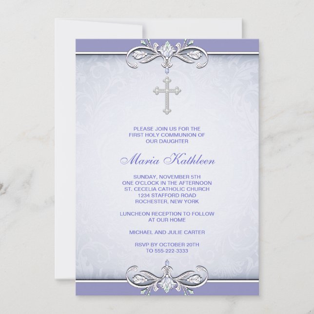 Invitation Première communion de pourpre Damask Cross (Devant)