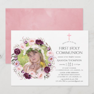 Invitation Première communion de velours profond et de fleurs