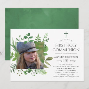 Invitation Première communion de verdure de forêt à l'aquarel