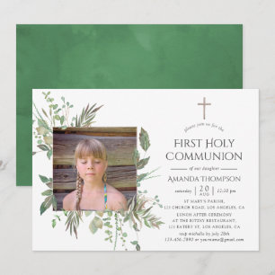 Invitation Première communion de verdure de forêt à l'aquarel