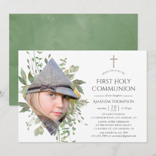 Invitation Première communion de verdure de forêt à l'aquarel