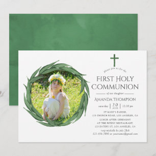 Invitation Première communion de verdure de forêt à l'aquarel