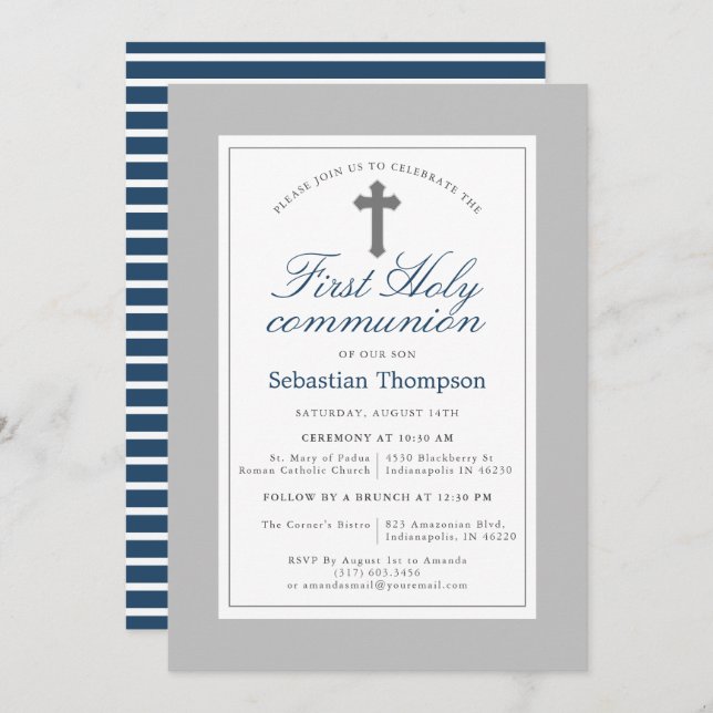 Invitation Première communion d'élégante marine et rayures bl (Devant / Derrière)