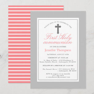 Invitation Première communion d'élégante rayures rose et gris