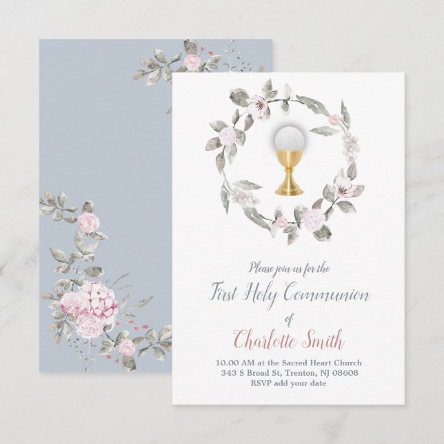 Invitation première communion délicate aquarelle florale (Devant / Derrière)