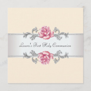 Invitation Première communion des filles aux roses roses