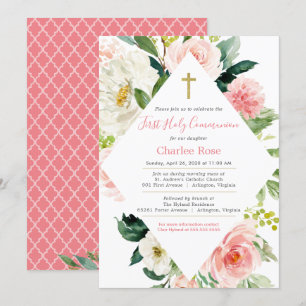 Invitation Première communion des Roses bleus et brunch rose 