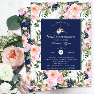 Invitation Première communion des Roses et des pivoines