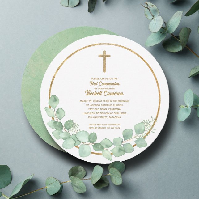 Invitation Première communion d'Eucalyptus Cross (Eucalyptus wreath and gold cross first communion round invitations)