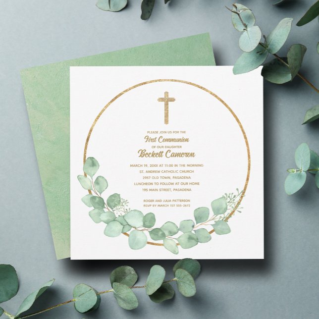 Invitation Première communion d'Eucalyptus Cross (Eucalyptus wreath and gold cross first communion square invitations)