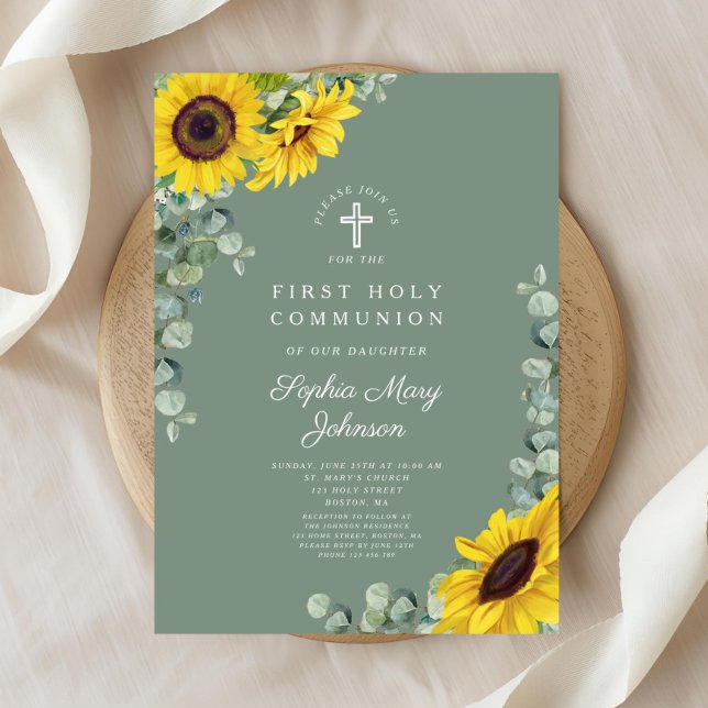 Invitation Première communion d'Eucalyptus Floral (Elegant Floral Eucalyptus First Communion Invitation)