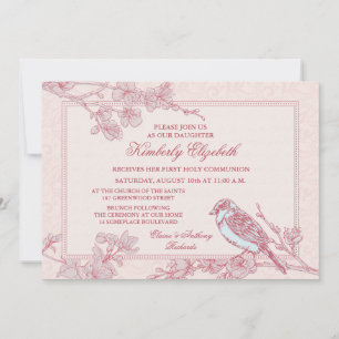 Invitation Première communion d'oiseaux en fleurs de cerisier