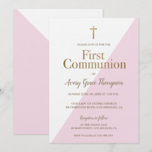 Invitation Première communion d'or blanc rose moderne