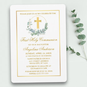 Invitation Première communion d'or Eucalyptus Aquarelle